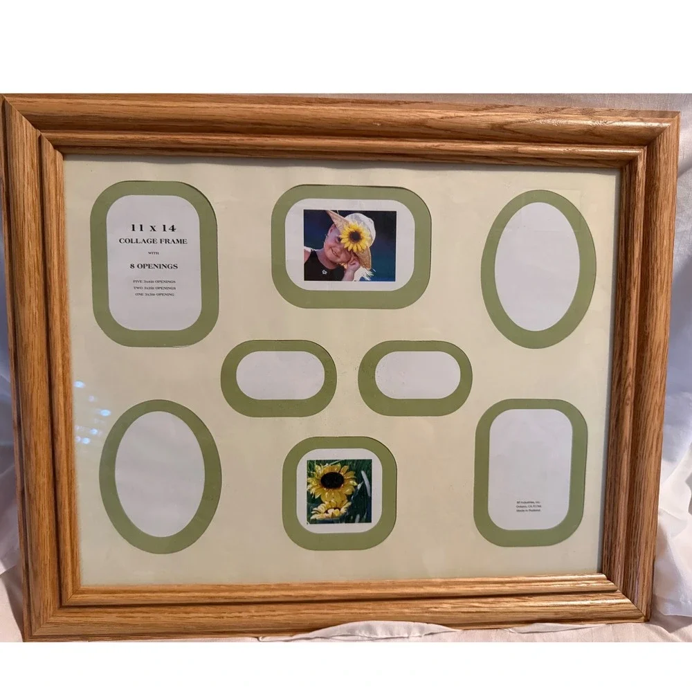 BP Industries Oak Wood 8 Opening Collage Picture Frame 11x14 Mat Green Cream